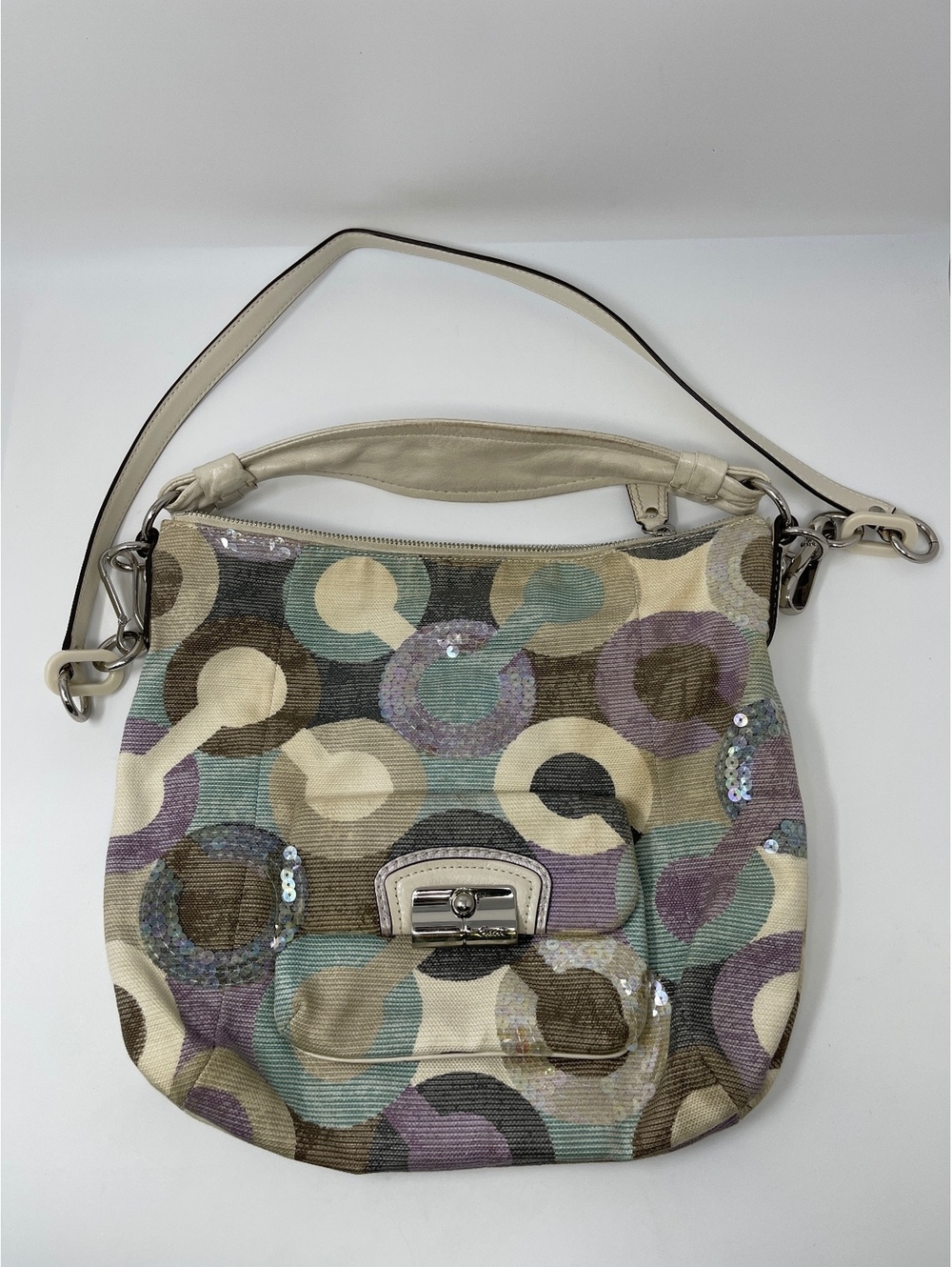 Coach Op Art Sequin Shoulder Bag Canvas Leather Multi Color Purse Turnlock Flap